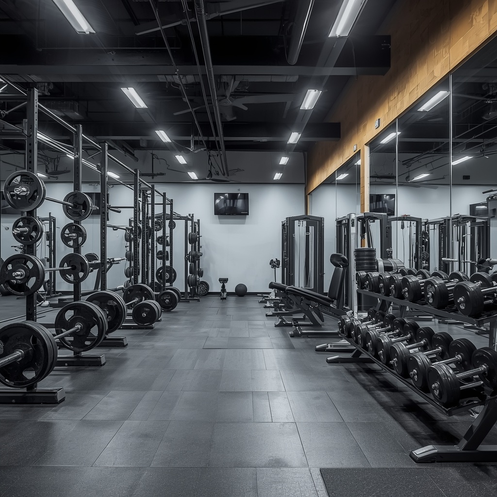Modern gym with barbells, dumbbells, and weight racks arranged neatly under bright ceiling lights with mirrors on the wall reflecting the training floor